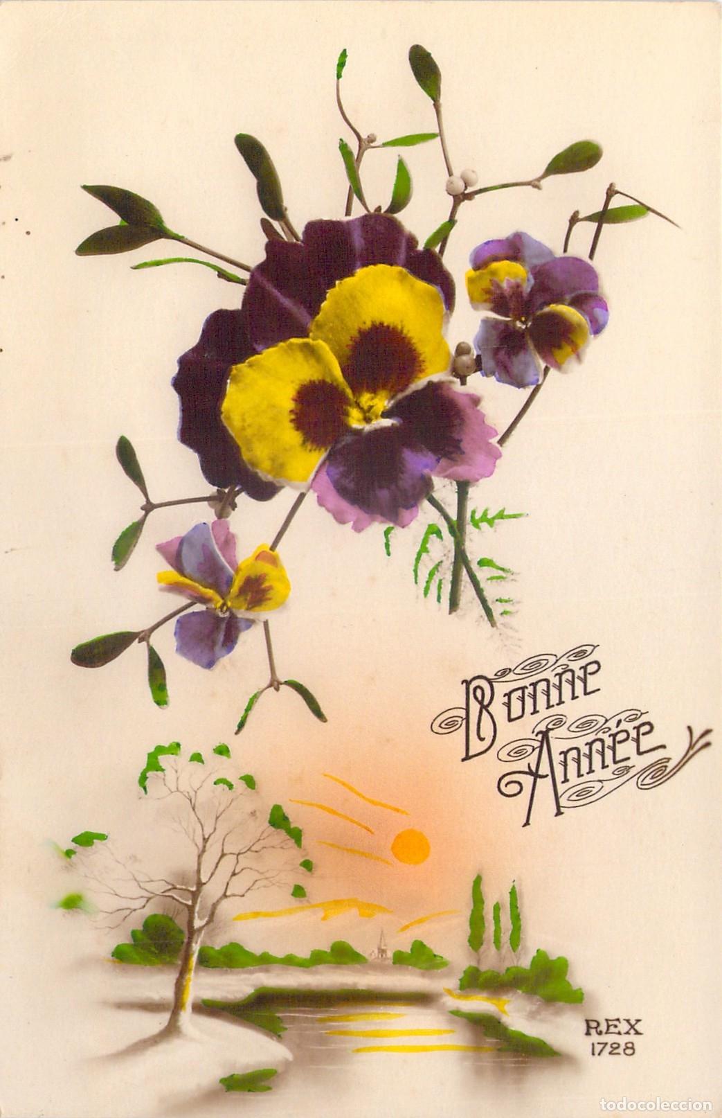Postkarten: Postal antigua de Feliz A&ntilde;o Nuevo con ilustraci&oacute;n de flores pensamientos