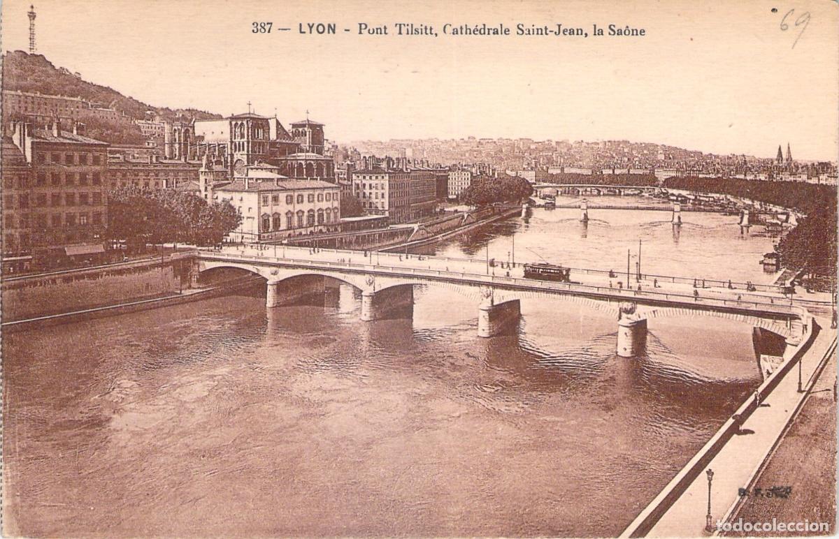 Cartoline: Postal de Lyon, Puente Tilsitt y Catedral Saint-Jean, Francia