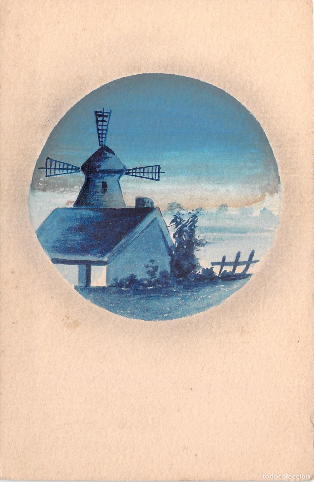 Postales: Postal ilustrada con dibujo de molino en formato circular
