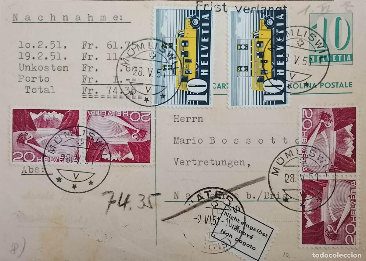 Postales: TS) 1951 SWITZERLAND, POSTCARD, CARD SENT FROM NATERS TO M&Uuml;MLISWIL,WITH THE POSTAL BUS AND THE ENGIN
