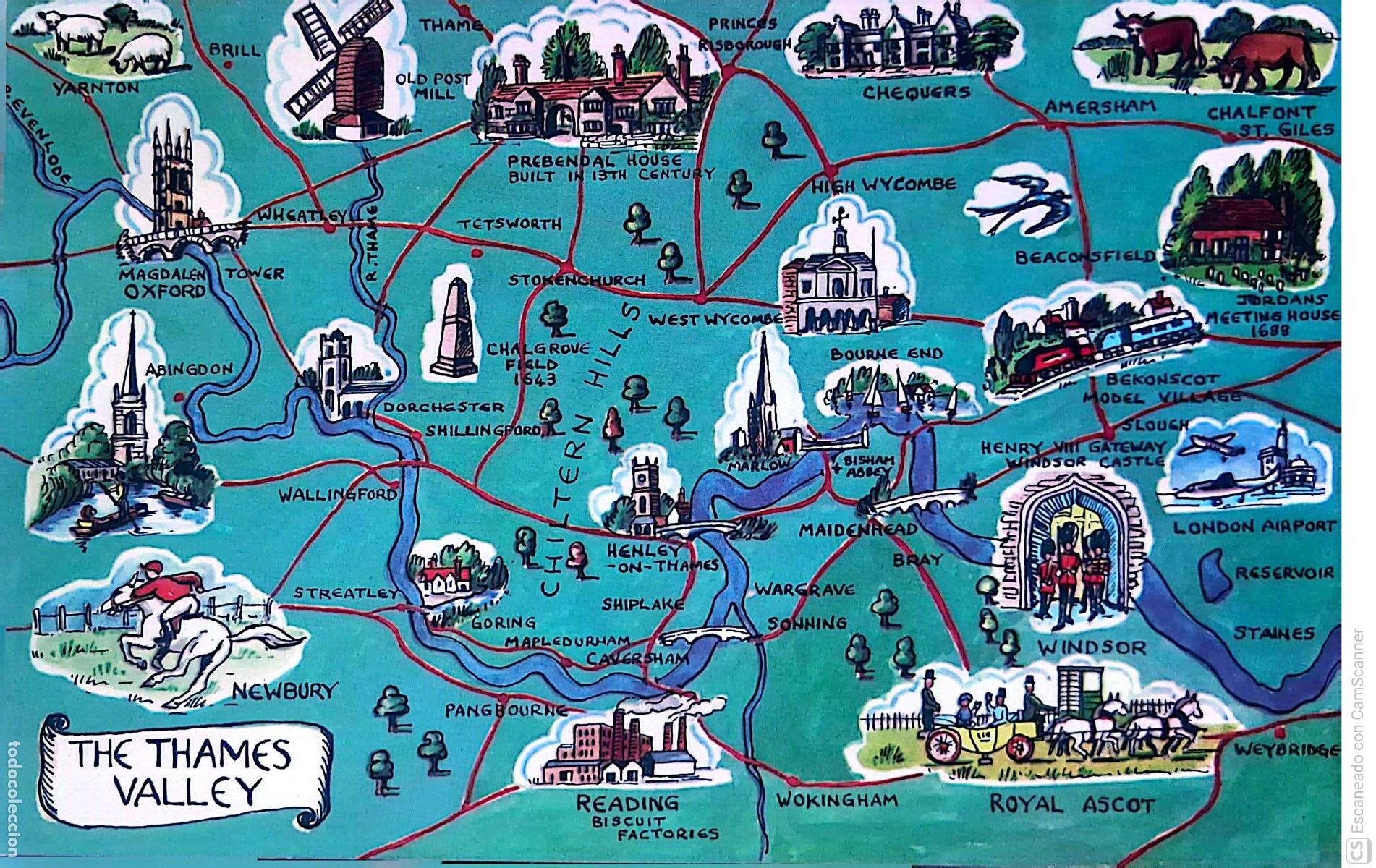 Postcards: Valle del T&aacute;mesis. PT9720 Mapa con monumentos y ciudades. Nueva. Color
