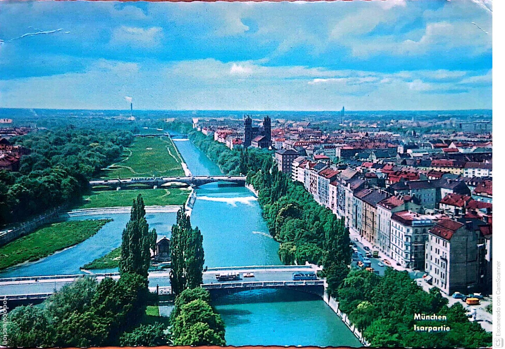 Postales: M&uacute;nich. 689 Vista de la Isarpartie, tramo y paseos a lo largo del r&iacute;o Isar. Usada con sello. Color