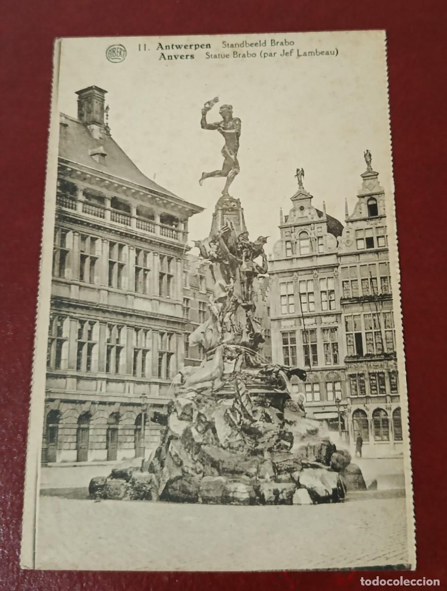 Postales: POSTAL SEPIA FUENTE DE BRABO - GRAND PLACE - JEF LAMBEAUX - AMBERES - B&Eacute;LGICA