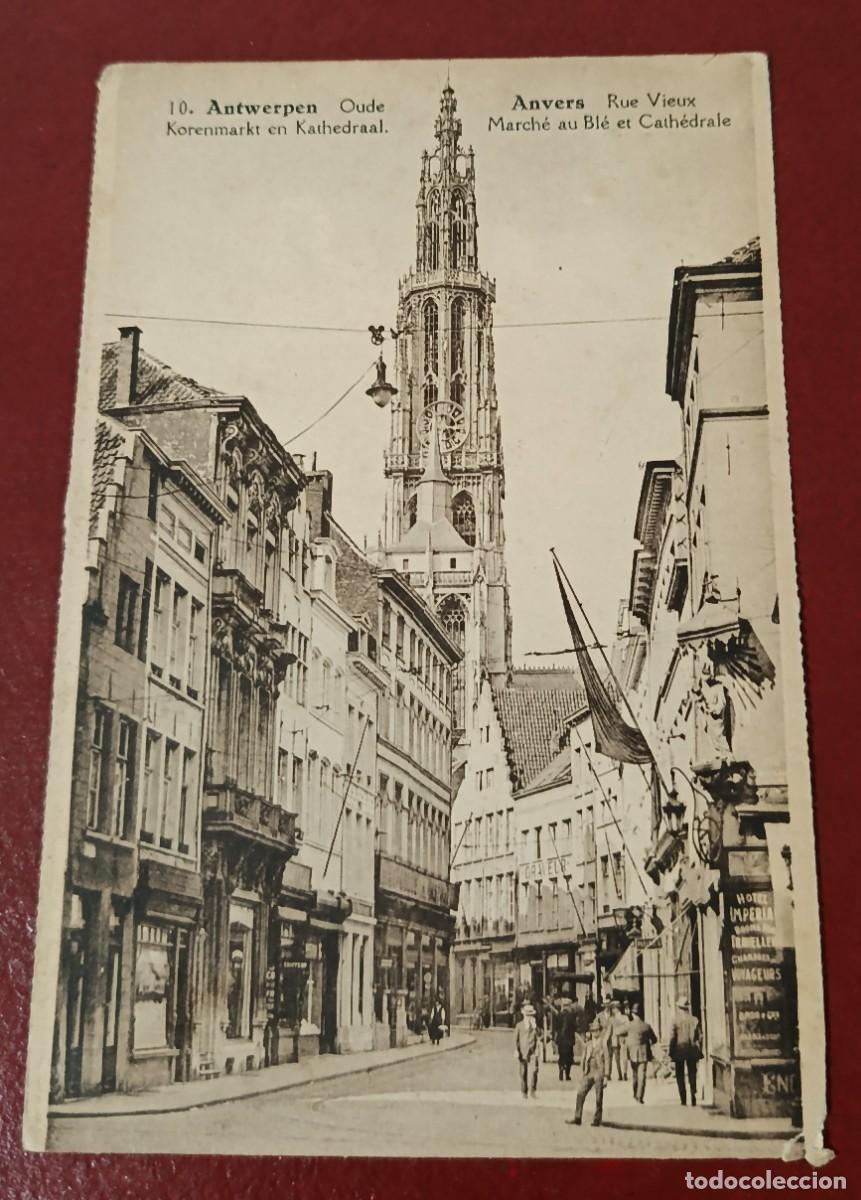 Postkarten: POSTAL SEPIA CALLE OUDE KORENMARKT - CATEDRAL NUESTRA SE&Ntilde;ORA - AMBERES B&Eacute;LGICA