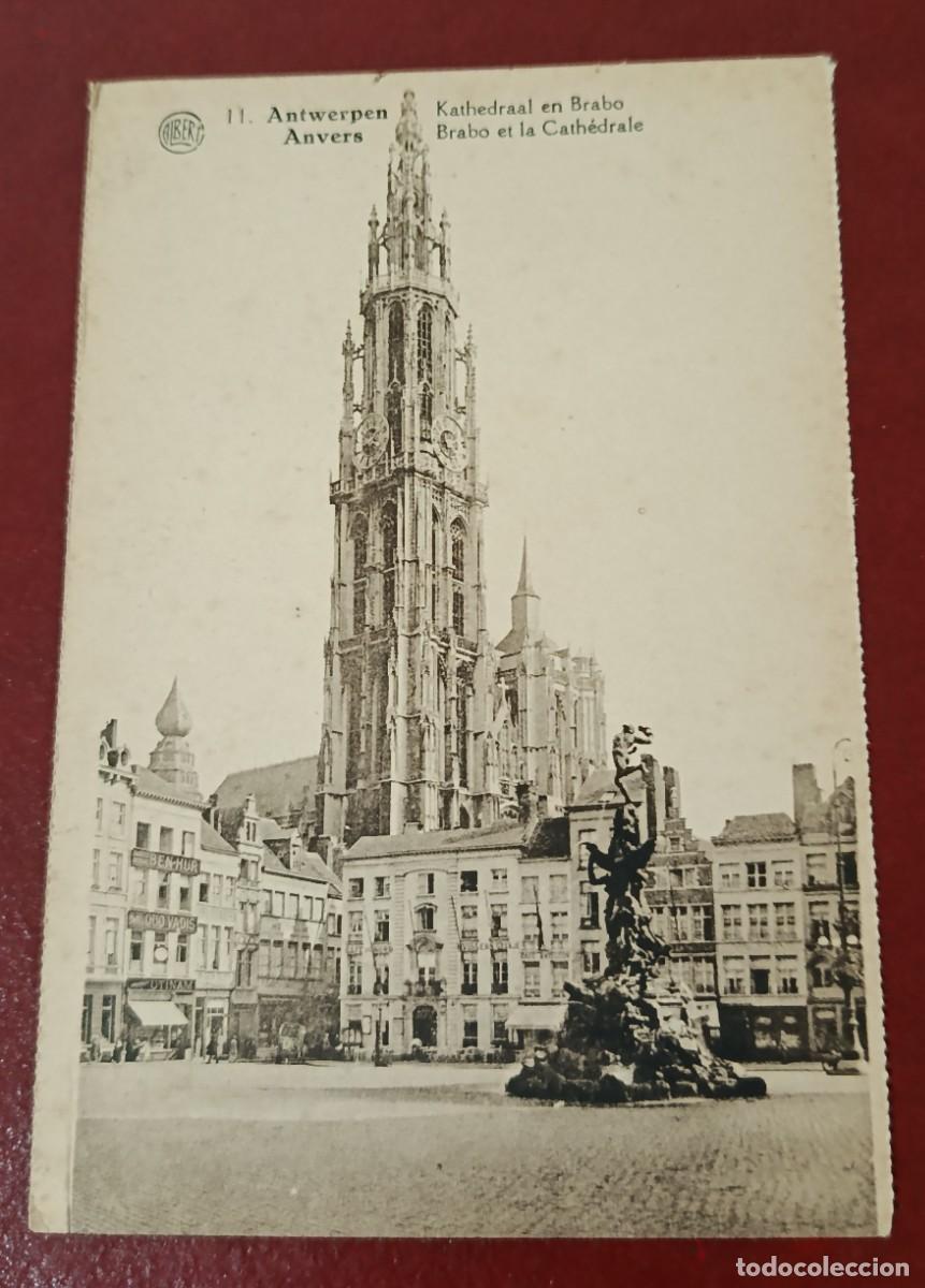 Postales: POSTAL SEPIA IMPONENTE TORRE DE LA CATEDRAL DE AMBERES Y LA FUENTE BRABO - B&Eacute;LGICA