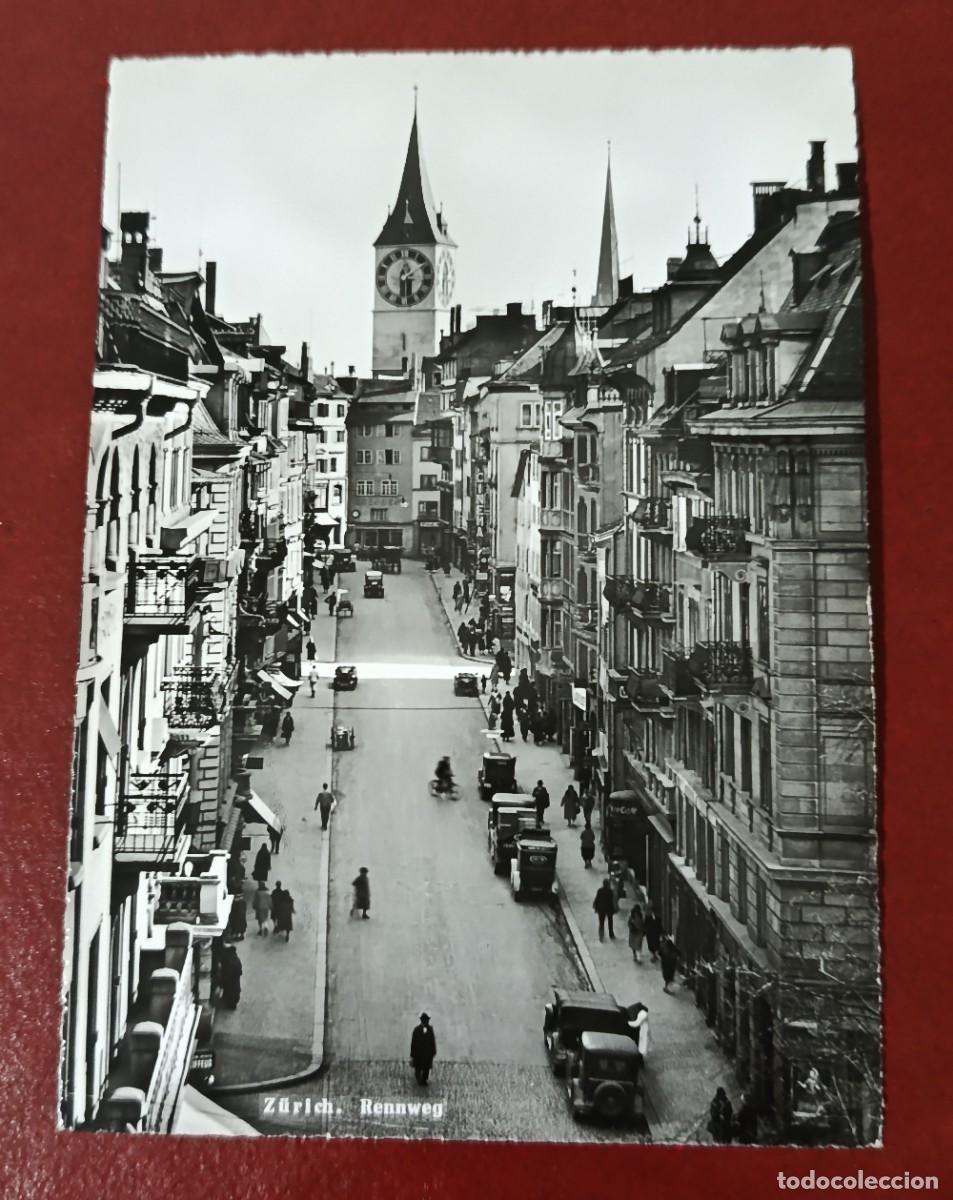 Postkarten: POSTAL BLANCO Y NEGRO CALLE RENNWEG EN ZURICH - IGLESIA DE SAN PEDRO - SUIZA