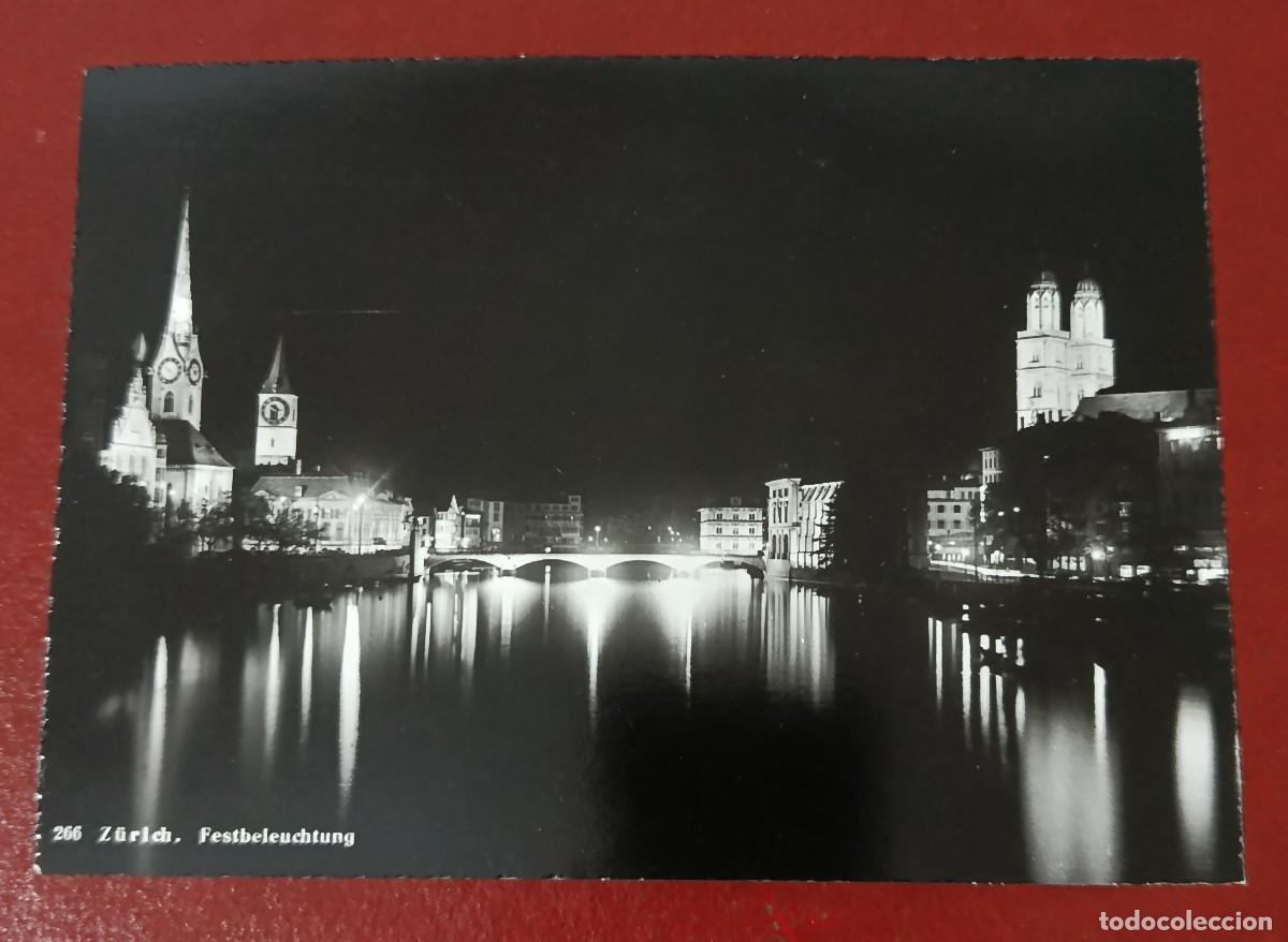 Postcards: POSTAL BLANCO Y NEGRO R&Iacute;O LIMMAT EN ZURICH DE NOCHE - SUIZA