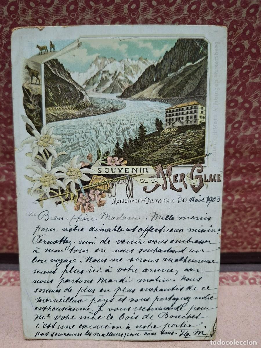 Postales: ANTIGUA POSTAL SOUVENUR DE LA MER DE GALCE CHAMONIX FRANCIA 1903