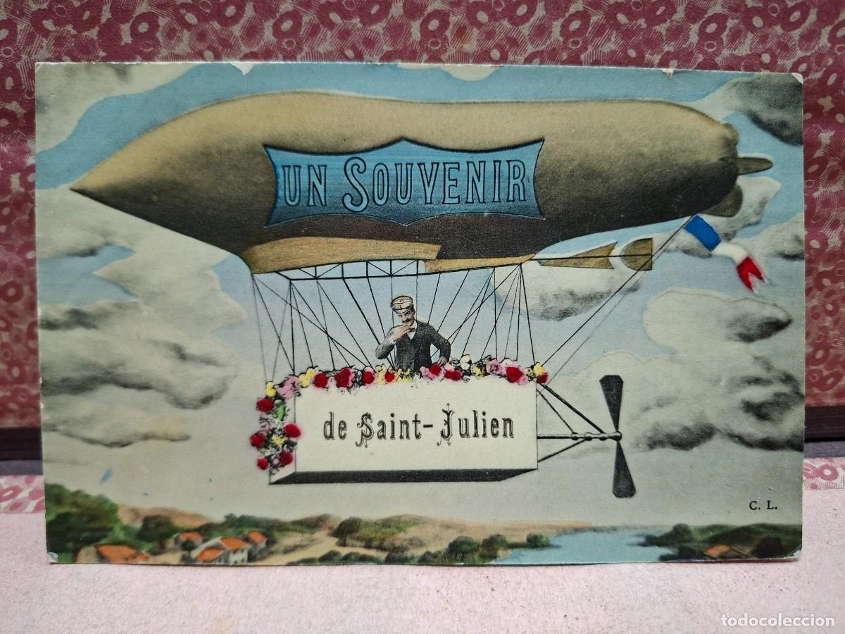 Postales: ANTIGUA POSTAL ROMANTICA RECUERDO DE SAINT JULIEN FRANCIA AUTOGIRO ZEPPELIN