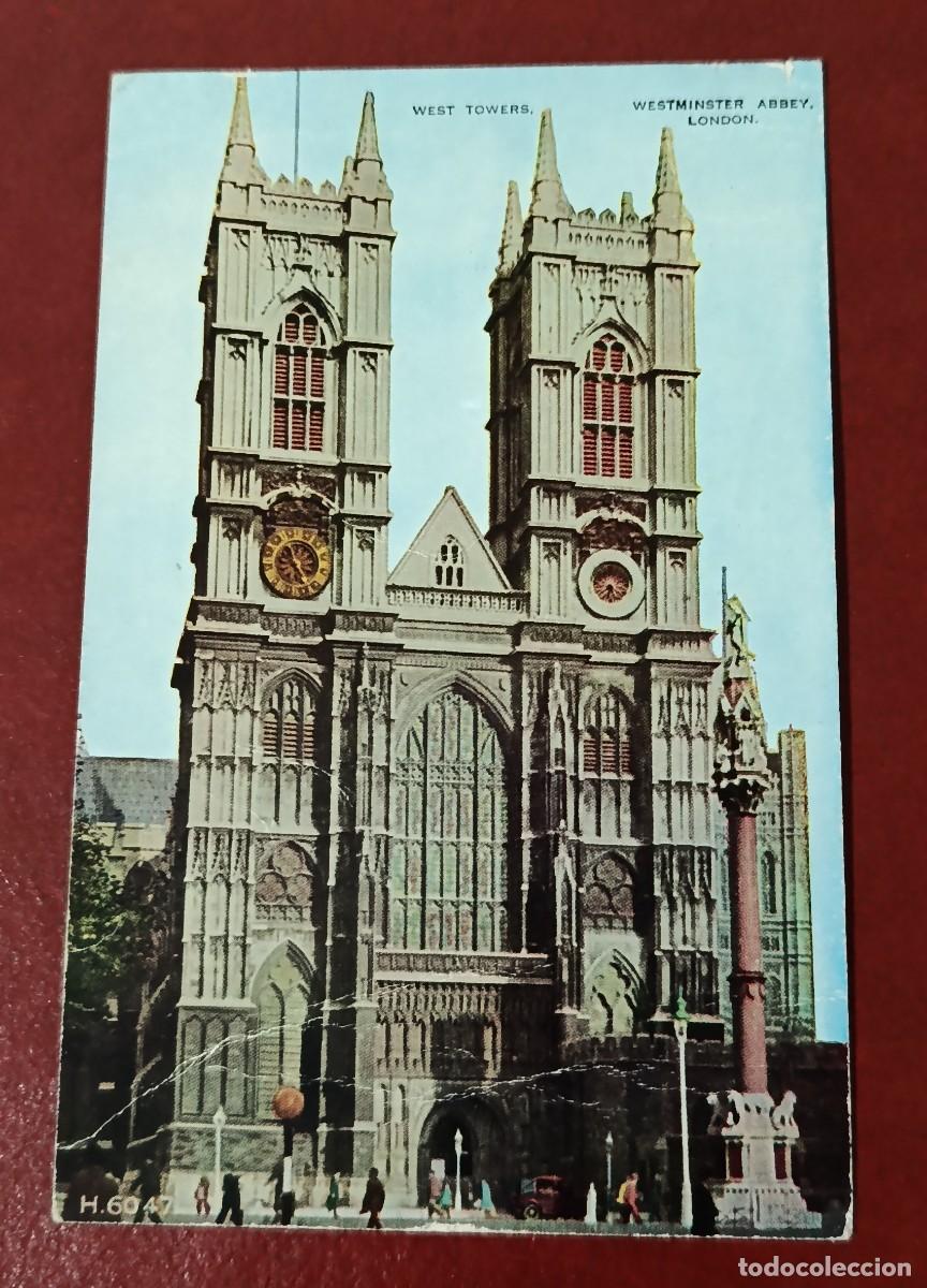 Postkarten: POSTAL ILUSTRADA FACHADA OCCIDENTAL TORRES GEMELAS DE LA ABAD&Iacute;A DE WESTMINSTER - LONDRES - INGLATERR