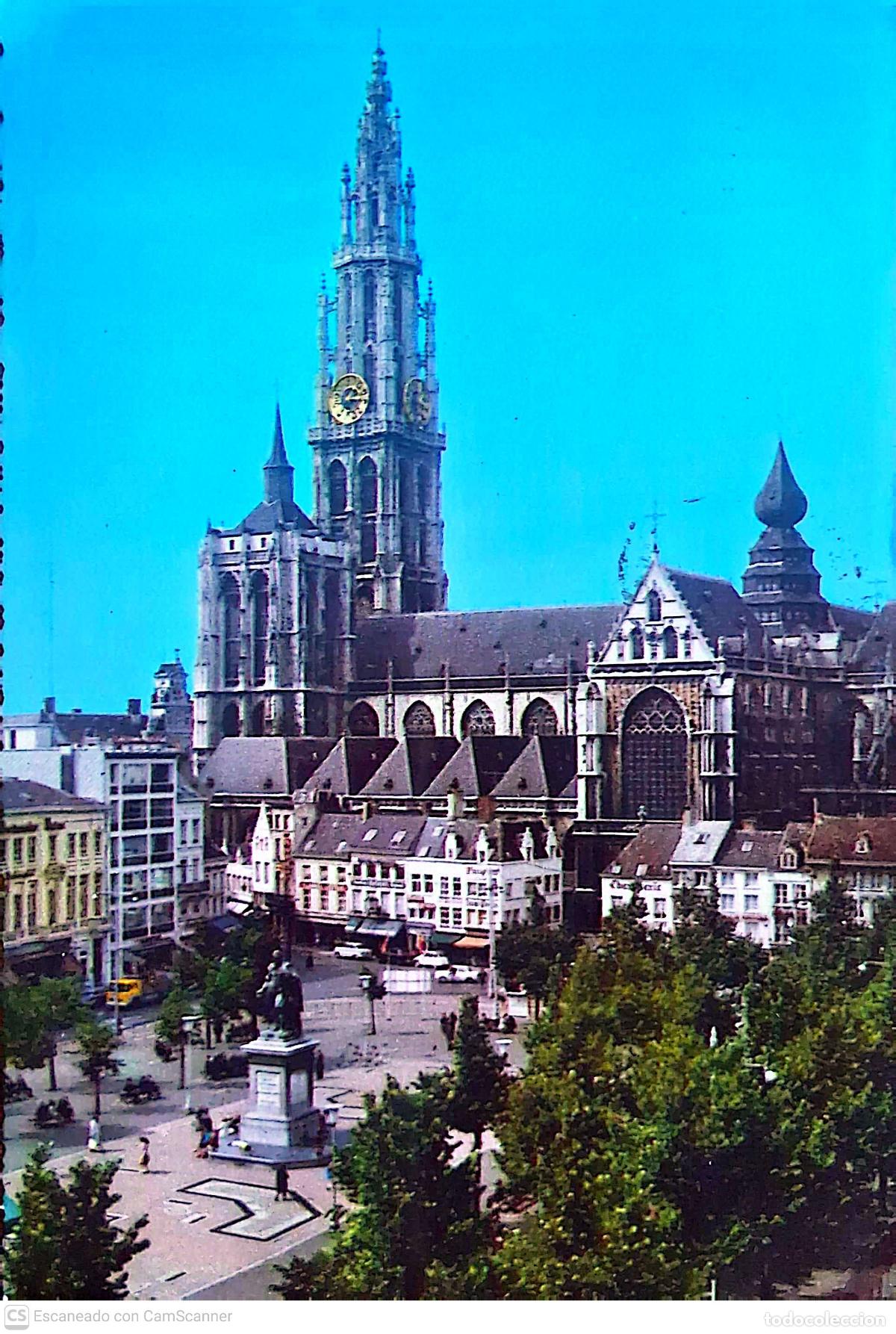 Postales: Amberes (B&eacute;lgica). Catedral y Plaza Verde. Usada con sello. Color