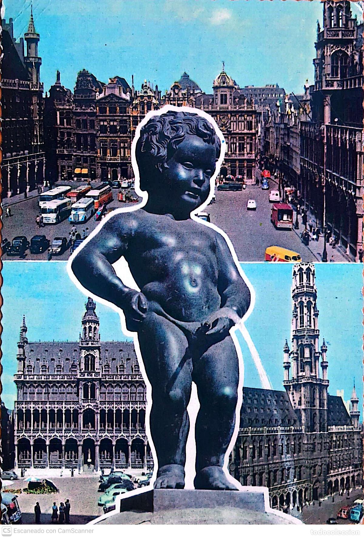 Postales: Bruselas. 120 Manneken-Pis y vista de la Grand Place. Usada con sello. Color