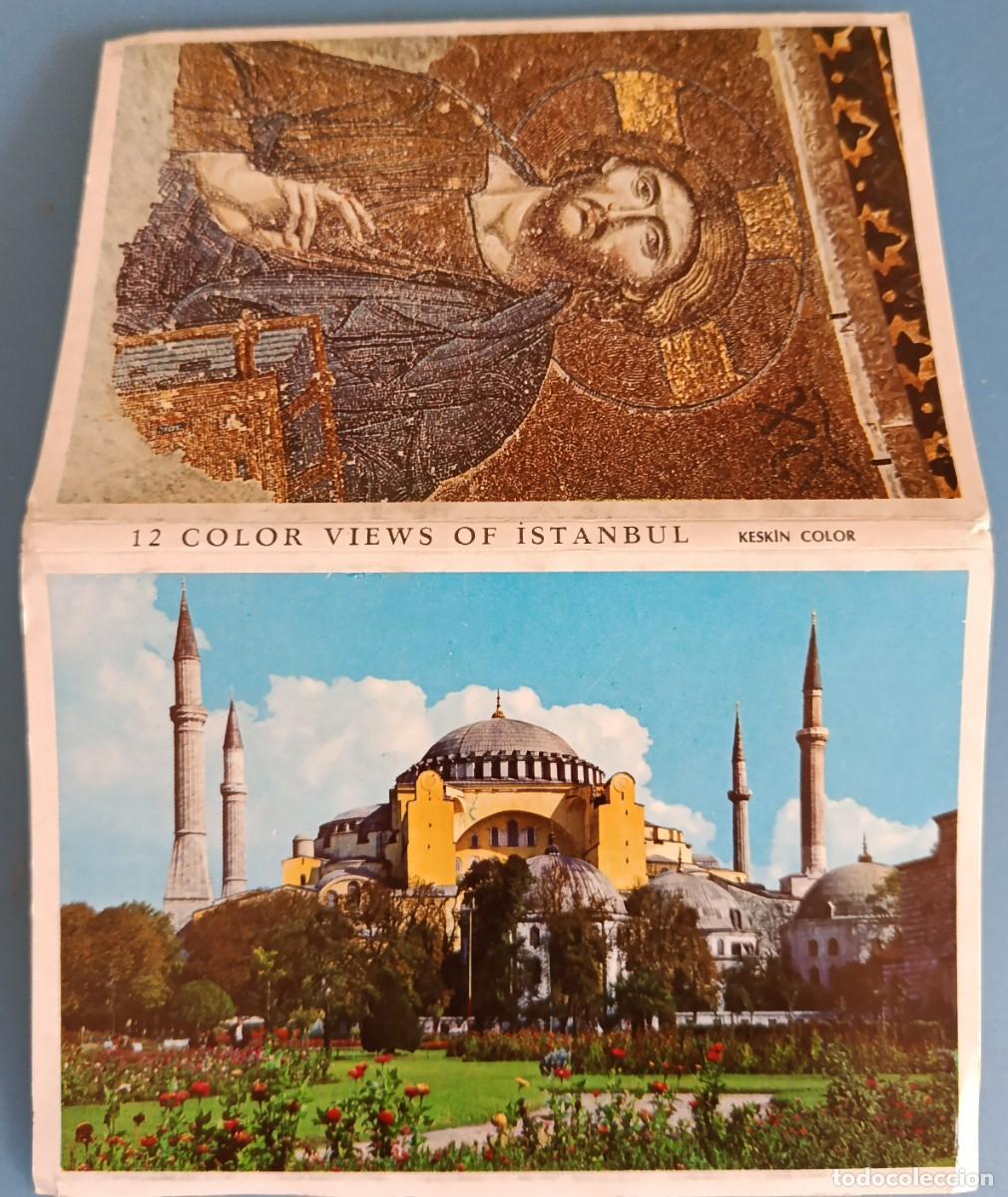 Postkarten: DESPLEGABLE POSTAL 12 COLOR VIEW OF ISTANBUL - BAS&Iacute;LICA SANTA SOF&Iacute;A - KESKIN COLOR - TURQU&Iacute;A 1960