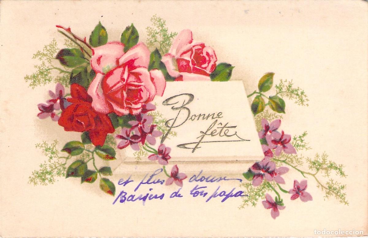Postcards: Postal con ilustraci&oacute;n de rosas y mensaje Bonne Fete