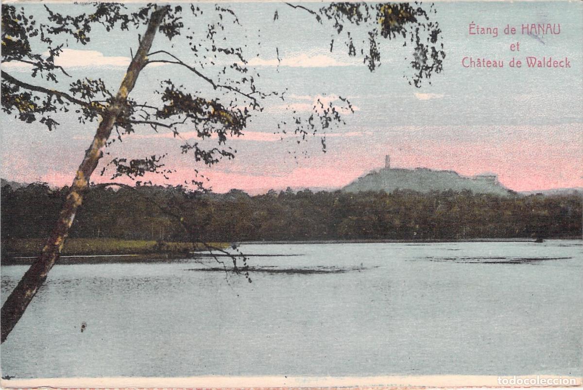 Postkarten: Postal de paisaje con el Etang de Hanau y el Castillo de Waldeck