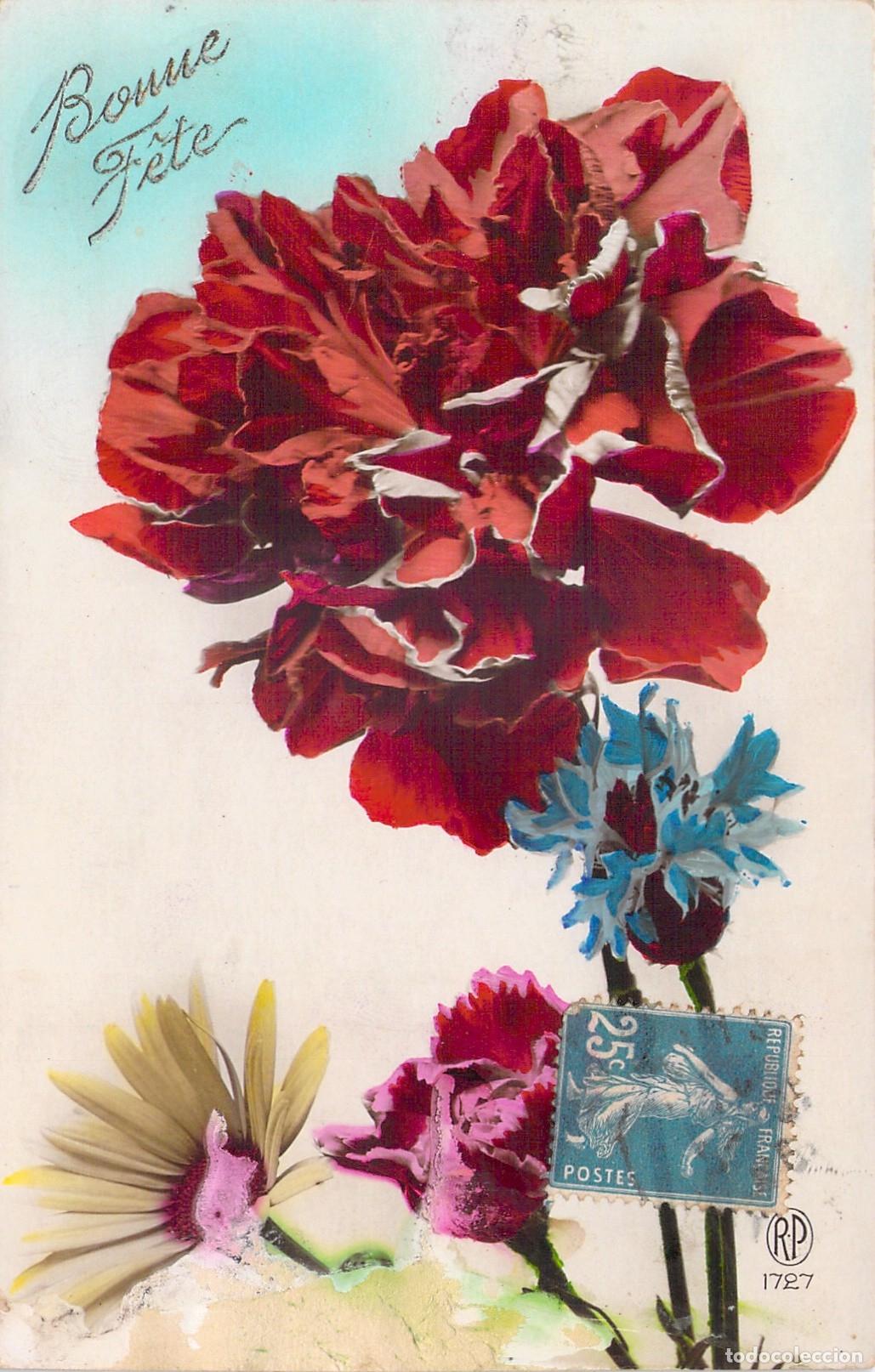 Postkarten: Postal antigua de flores, arreglo floral con claveles y acianos, Francia