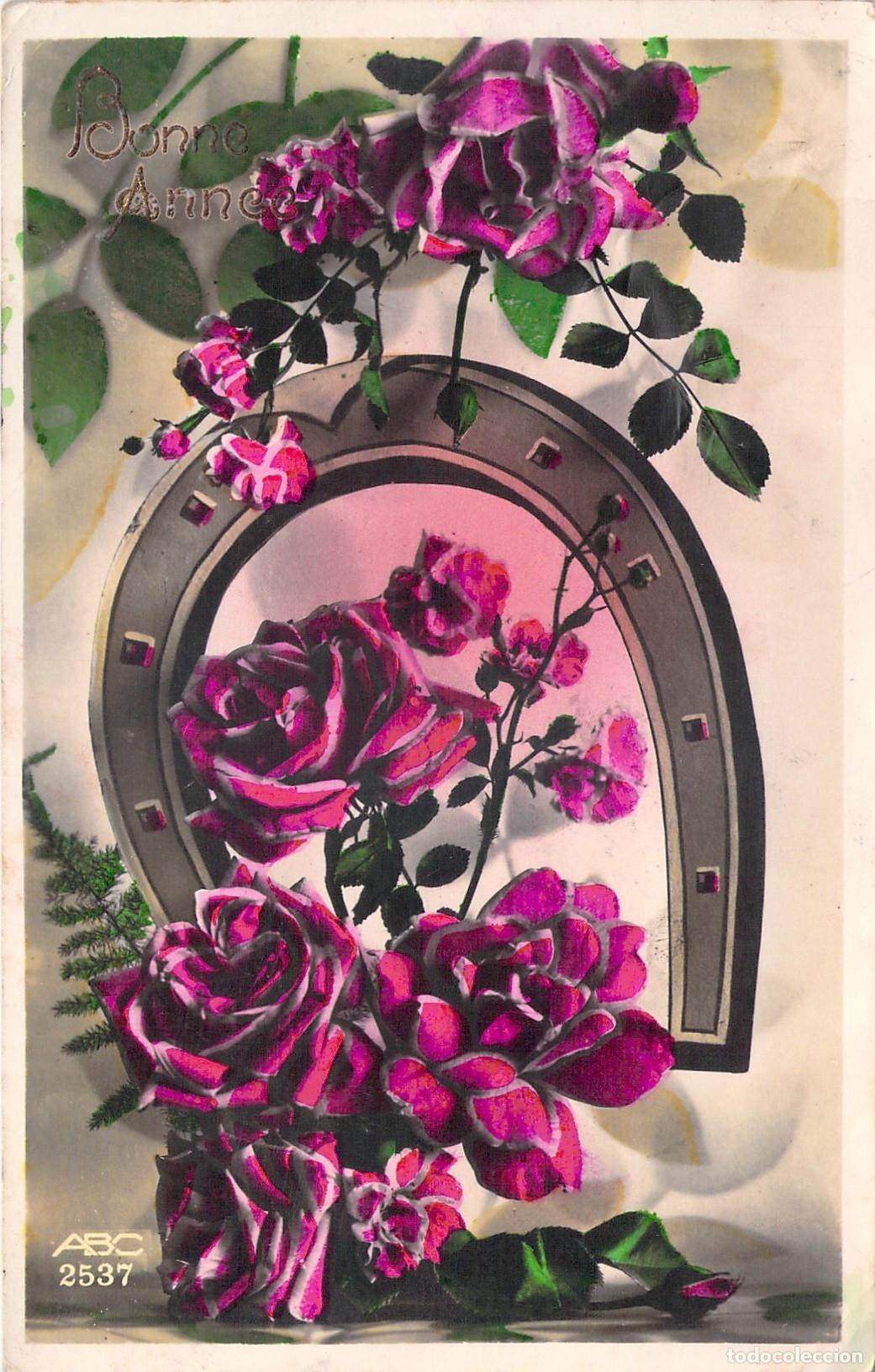 Postkarten: Postal antigua de A&ntilde;o Nuevo con herradura y rosas