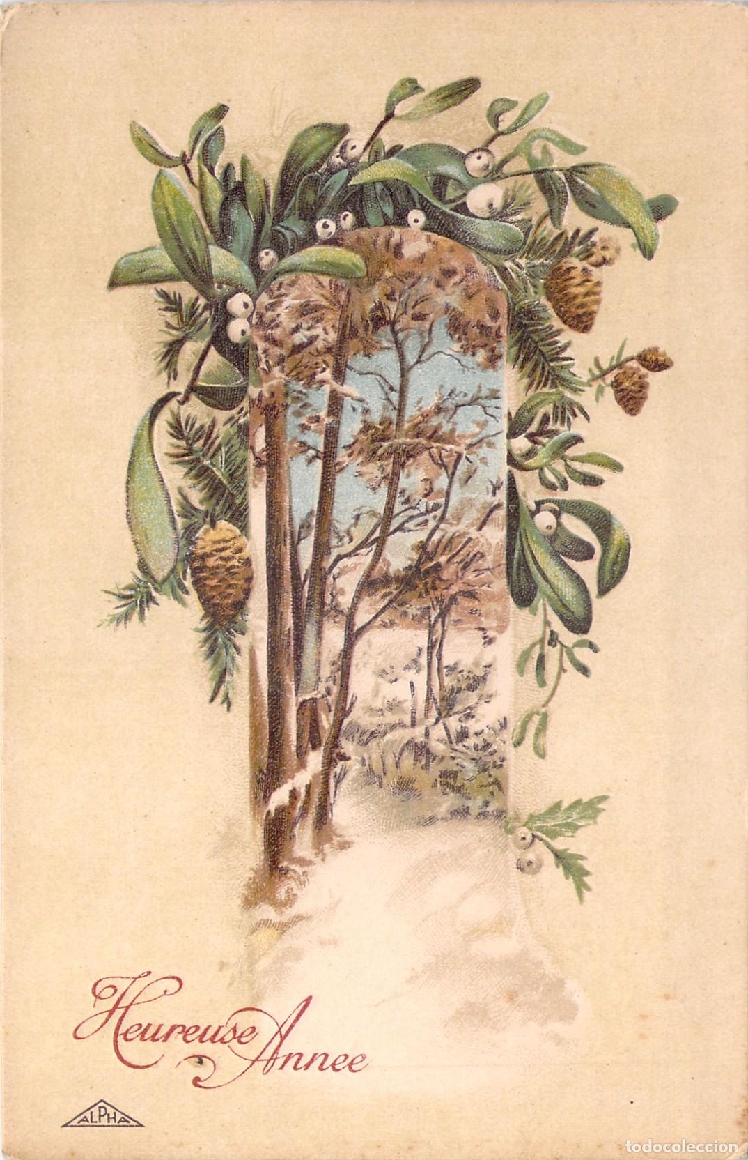 Postkarten: Postal de Feliz A&ntilde;o Nuevo con ilustraci&oacute;n de mu&eacute;rdago y bosque nevado