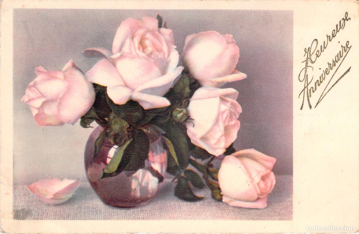 Postkarten: Postal antigua de felicitaci&oacute;n con ramo de rosas rosas