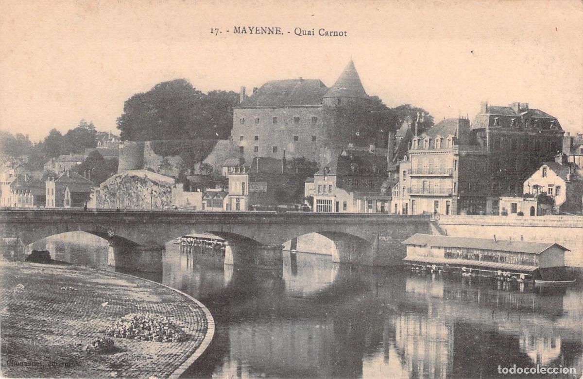 Postkarten: Postal de Mayenne, Quai Carnot, Francia, con vistas al castillo y el r&iacute;o