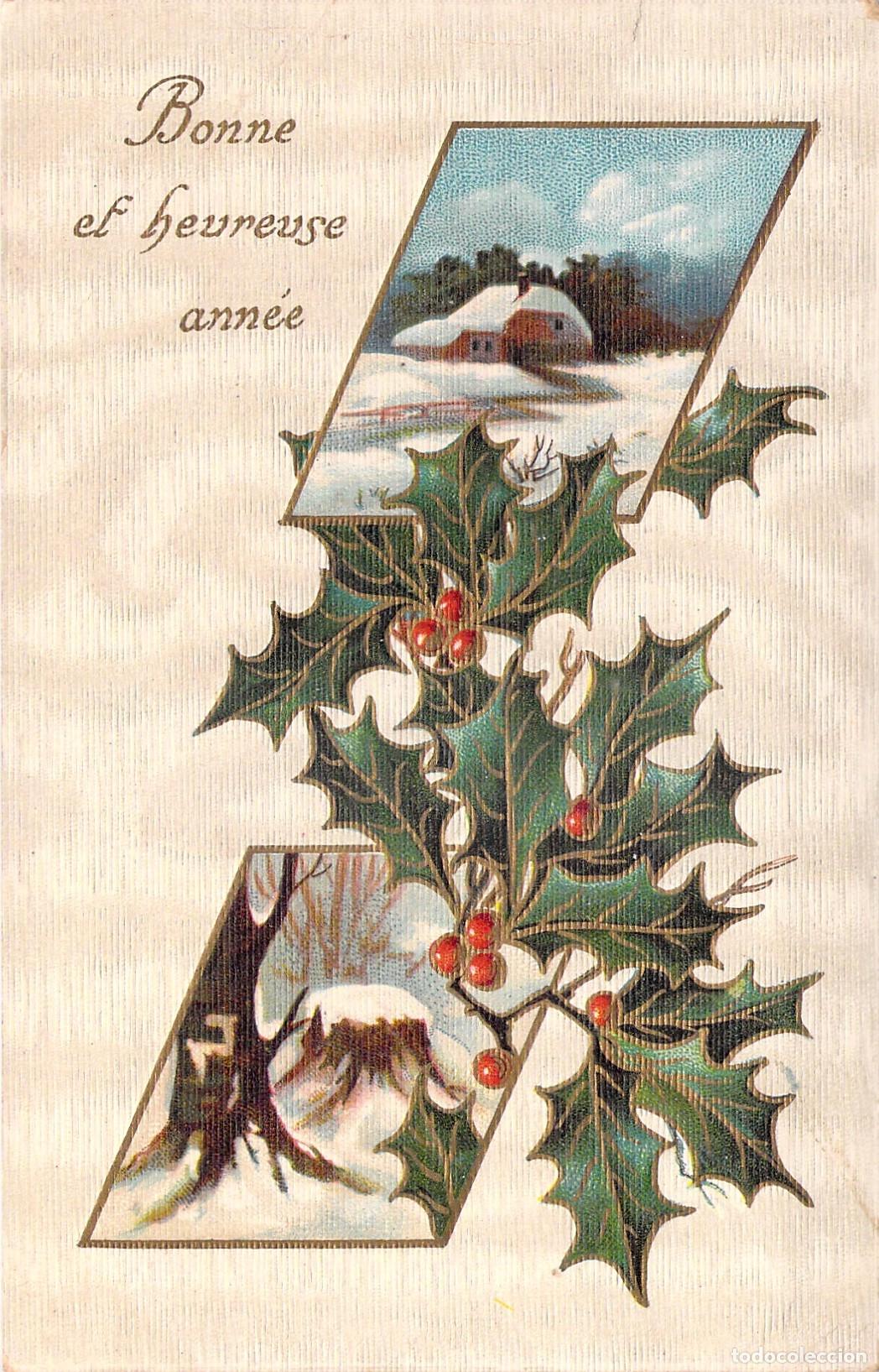Postcards: Postal de Feliz A&ntilde;o Nuevo con decoraciones de acebo y paisajes de invierno