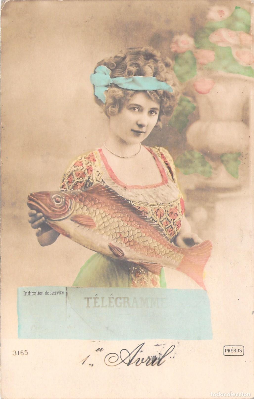 Postcards: Postal de 1 de abril, mujer con pescado