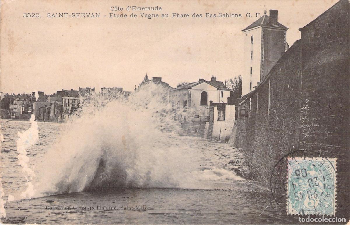 Postales: Postal de Saint-Servan, Francia - Faro de Bas-Sablons y olas del mar