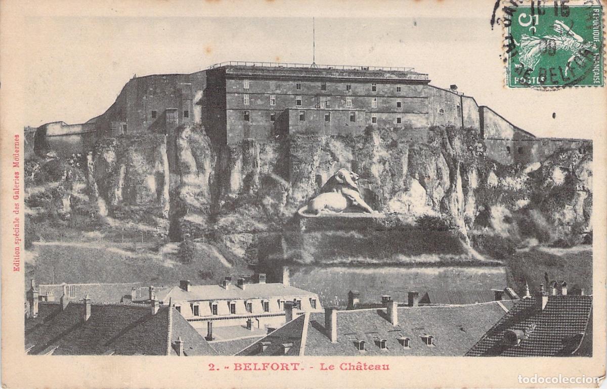 Cartoline: Postal de Belfort, Francia, Vista del Castillo y el Le&oacute;n
