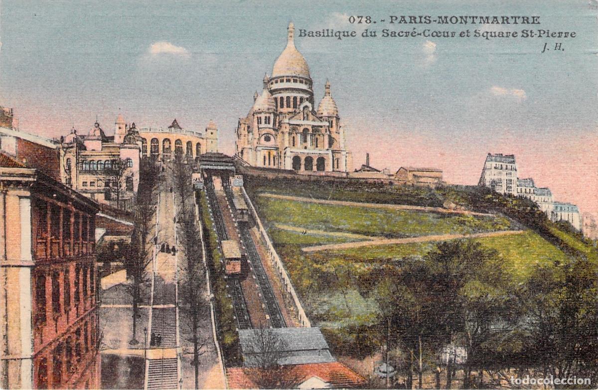 Postales: Postal de la Bas&iacute;lica del Sacr&eacute;-C&oelig;ur y el funicular en Montmartre, Par&iacute;s