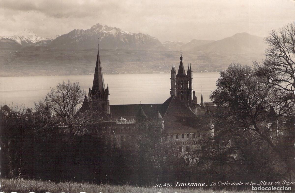 Cartes Postales: Postal de la Catedral de Lausanne y los Alpes suizos
