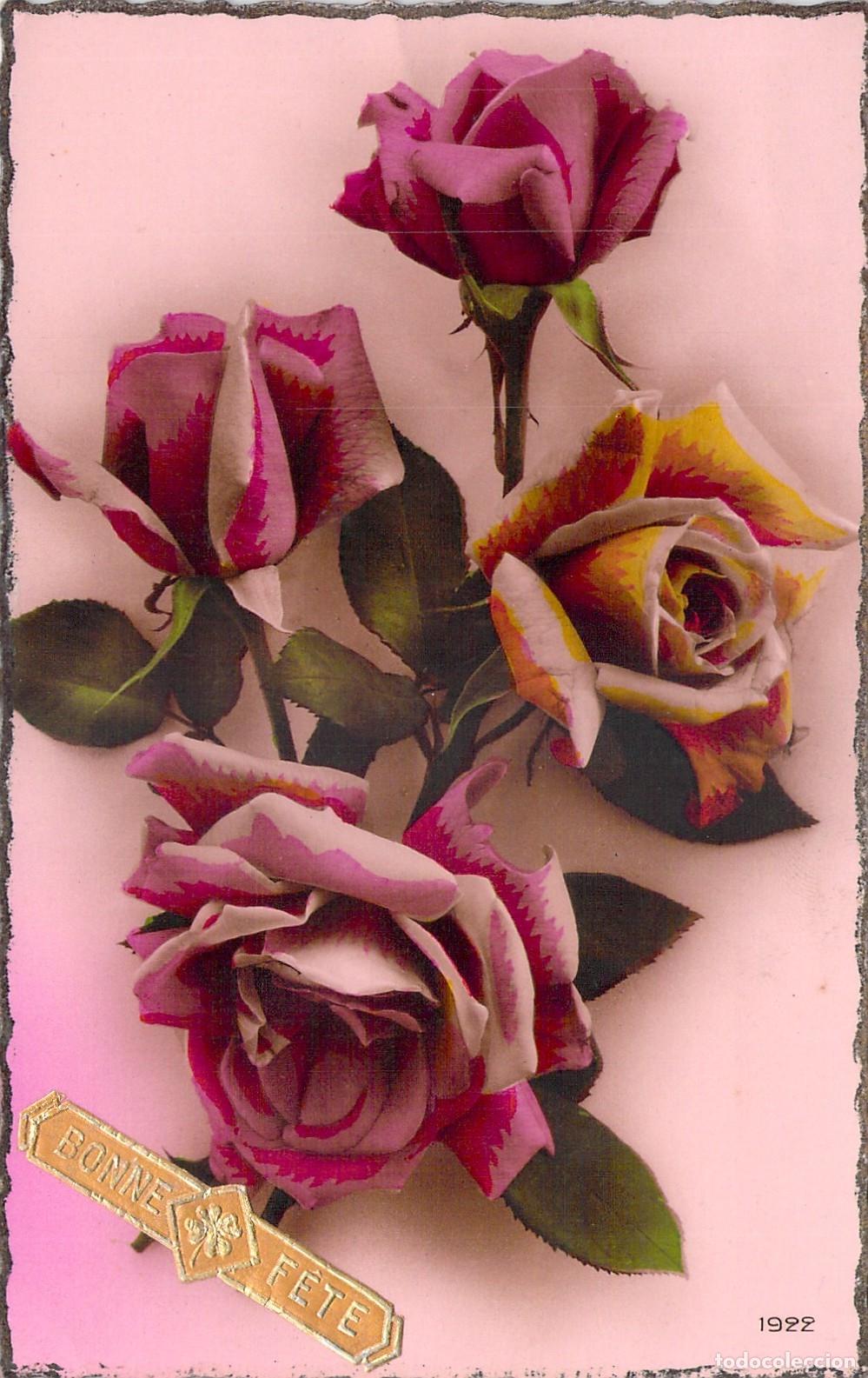 Postkarten: Postal de rosas rojas y amarillas con inscripci&oacute;n Bonne F&ecirc;te