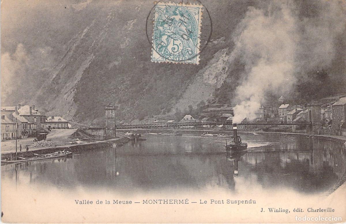 Postkarten: Postal de Montherm&eacute;, Valle del Mosa con Puente Colgante y Barco