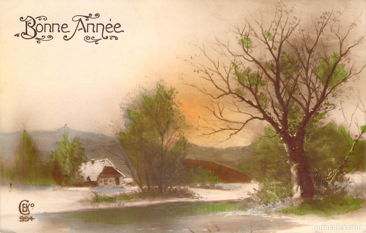 Postales: Postal de Feliz A&ntilde;o Nuevo con Paisaje Invernal y Caba&ntilde;a