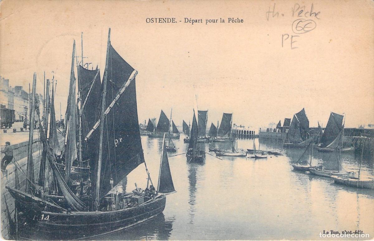 Postkarten: Postal de Ostende, B&eacute;lgica, barcos de pesca saliendo al mar