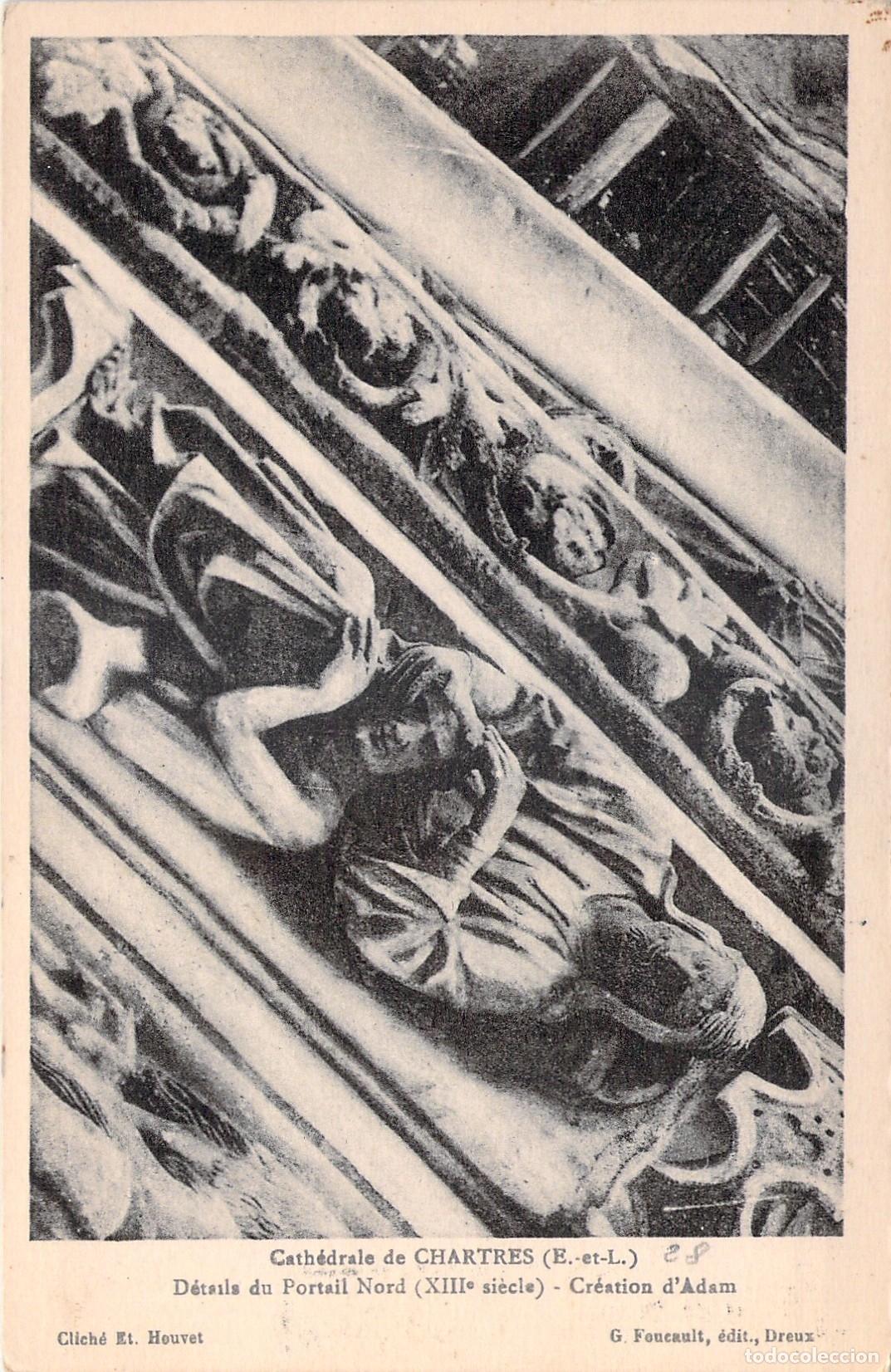 Postales: Postal de la Catedral de Chartres, Detalle del Portal Norte, Creaci&oacute;n de Ad&aacute;n
