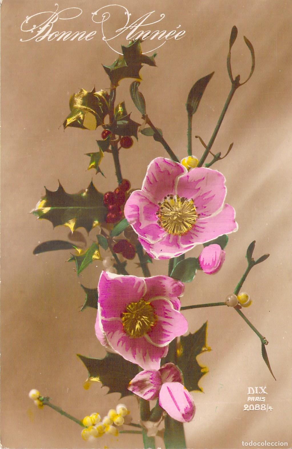 Postales: Postal de Feliz A&ntilde;o Nuevo con flores ilustradas
