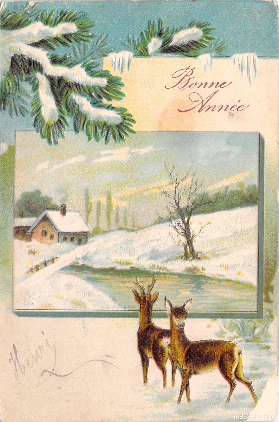 Postales: Postal de A&ntilde;o Nuevo con paisaje de invierno y ciervos