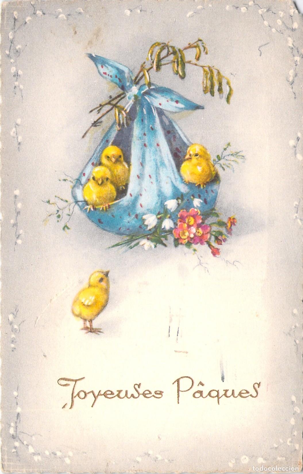 Postales: Postal de Pascua con pollitos y flores ilustrados