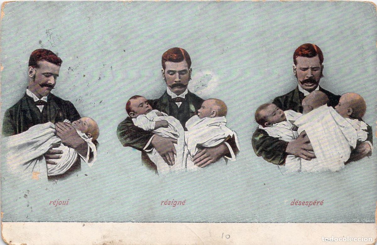 Postales: Postal humor&iacute;stica de un padre con beb&eacute;s en diferentes situaciones