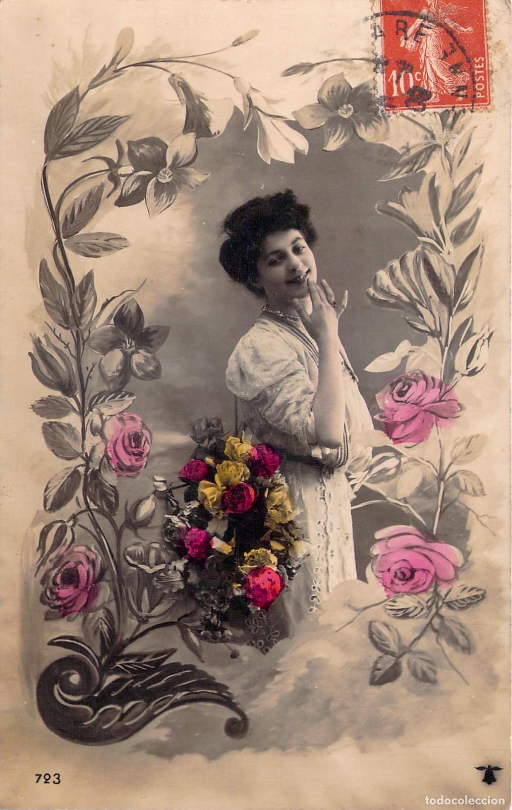 Postales: Postal antigua de retrato de mujer con marco floral