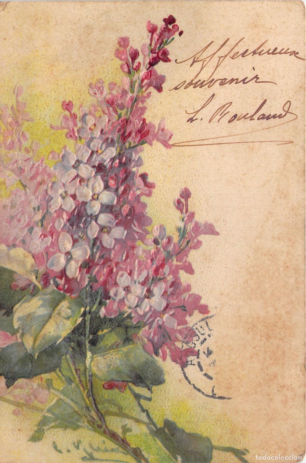Postais: Postal con ilustraci&oacute;n floral de flores lilas