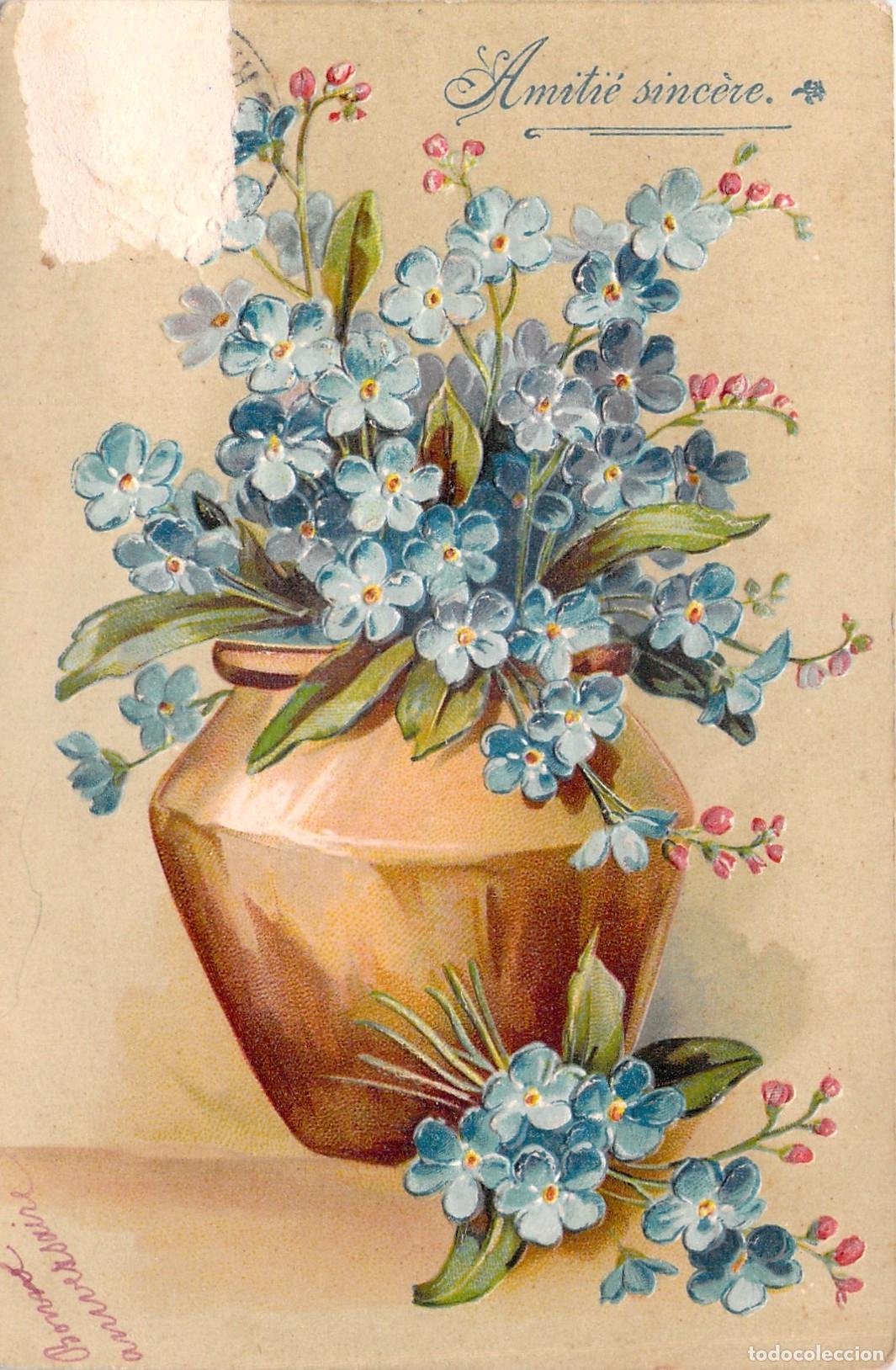 Postais: Postal con ilustraci&oacute;n de flores nomeolvides en jarr&oacute;n
