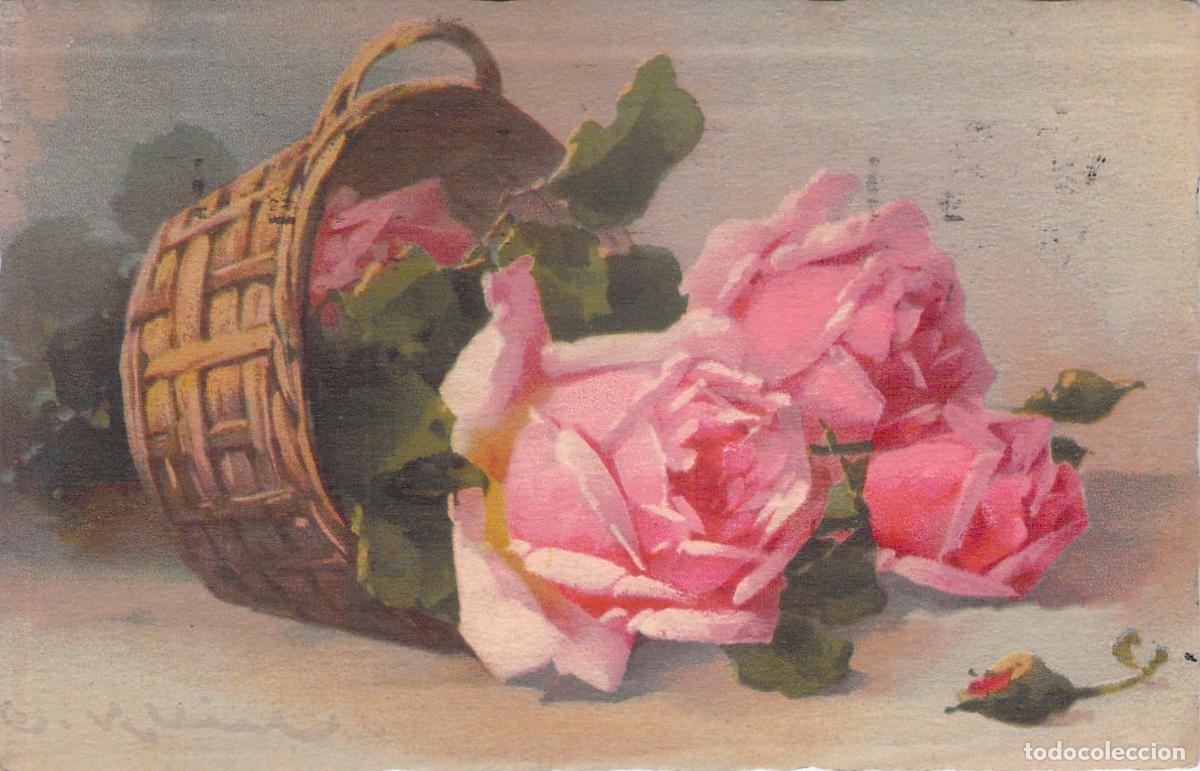 Postais: Postal con ilustraci&oacute;n de rosas en un cesto