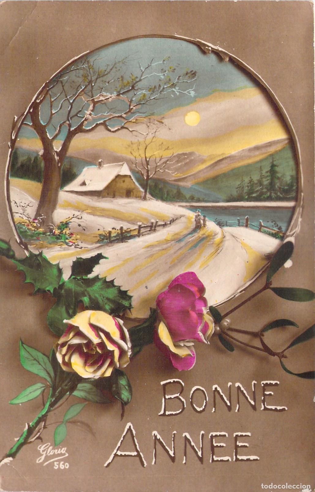 Postkarten: Postal de A&ntilde;o Nuevo con paisaje invernal y flores