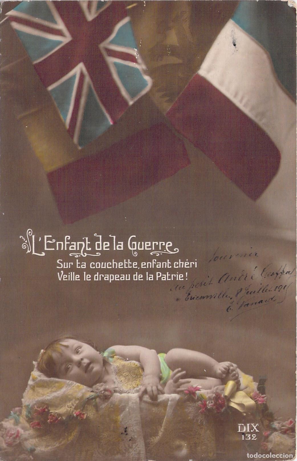 Postkarten: Postal antigua de patriotismo franc&eacute;s con beb&eacute; y banderas