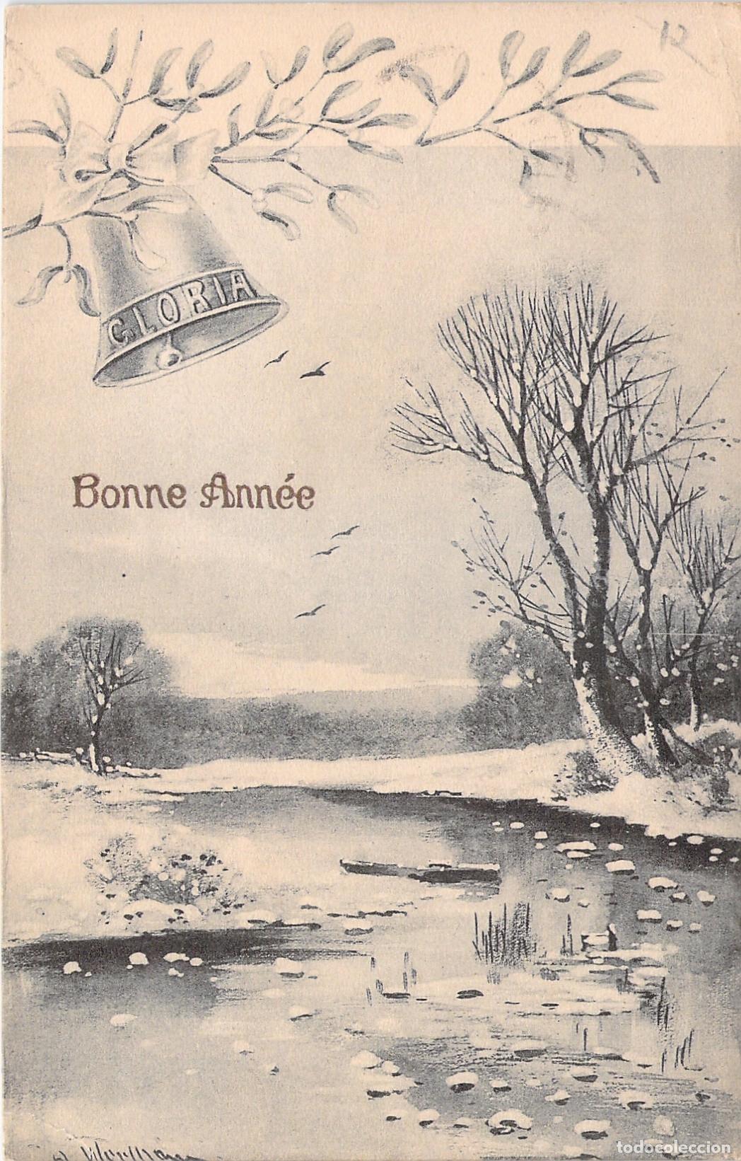 Postkarten: Postal de A&ntilde;o Nuevo con paisaje de invierno y campana Gloria