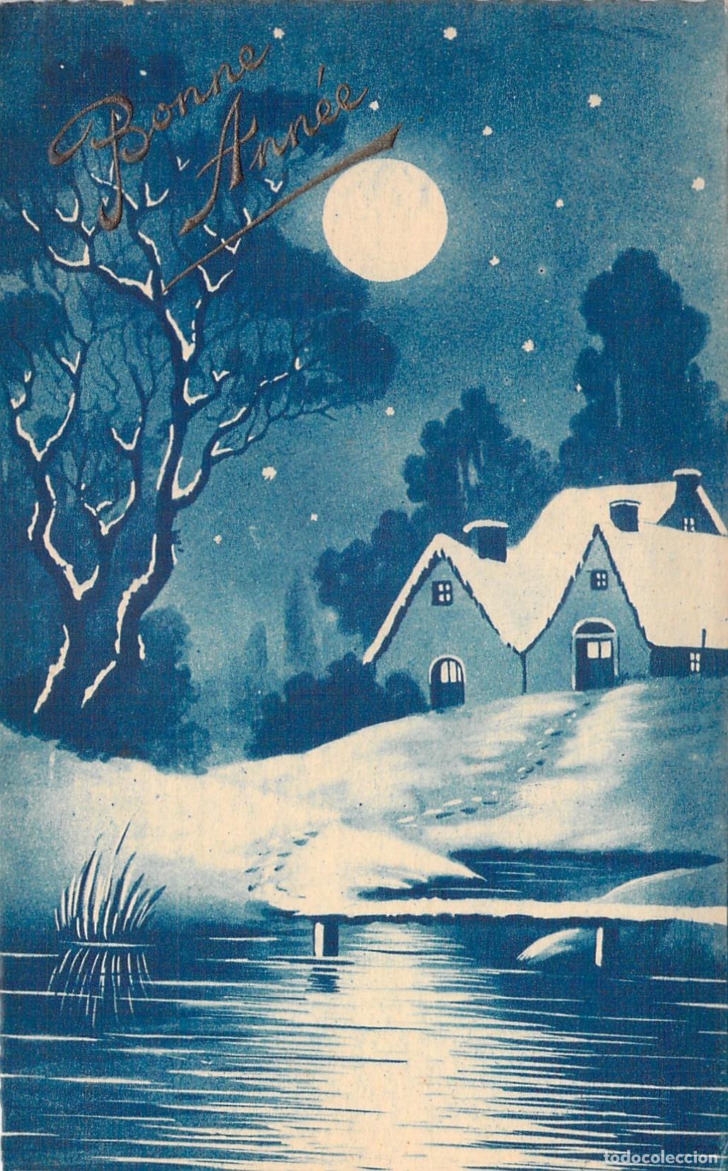 Postkarten: Postal de Feliz A&ntilde;o Nuevo con paisaje invernal nocturno