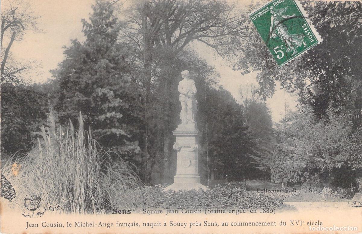 Cartoline: Postal de Sens, Francia, Monumento a la estatua de Jean Cousin