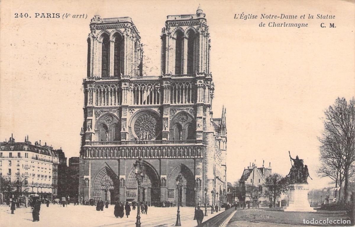 Postkarten: Postal de la Catedral de Notre-Dame y la Estatua de Carlomagno en Par&iacute;s