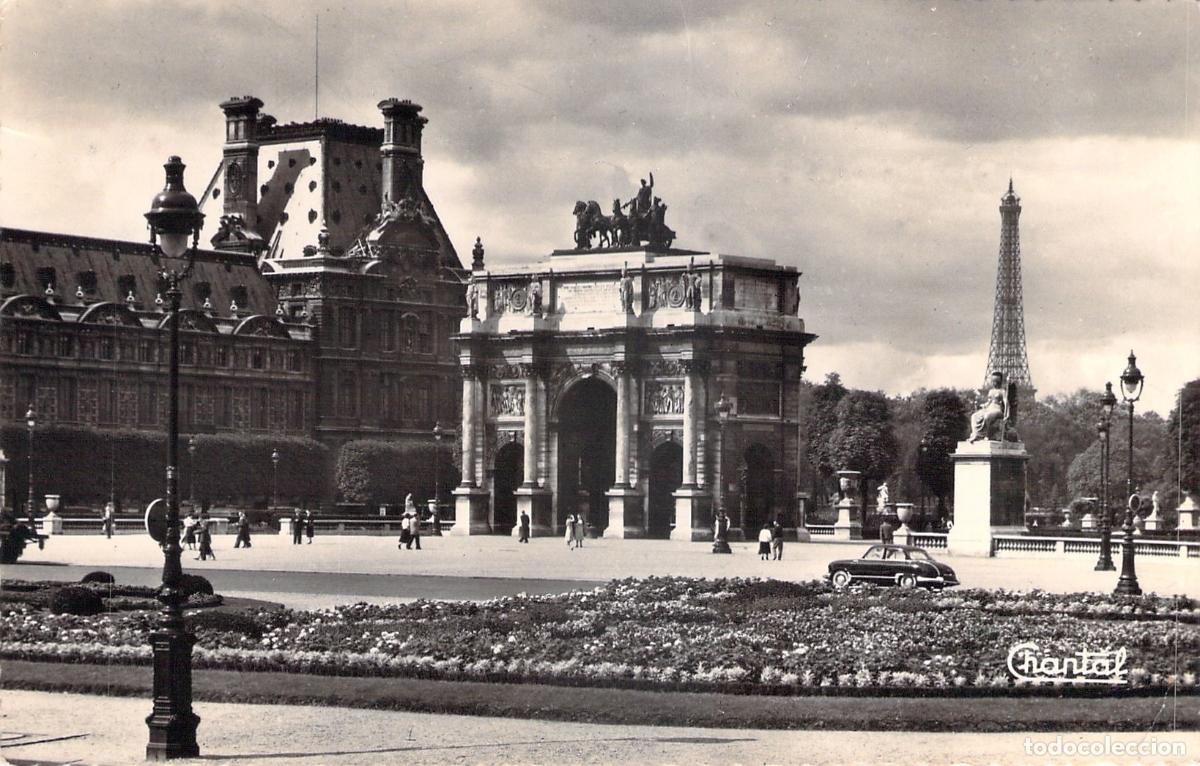 Postkarten: Postal de Par&iacute;s, Arco del Triunfo del Carrusel y Torre Eiffel
